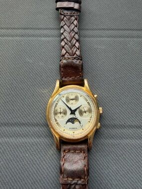 Fossil Gold Case Watch with Brown Braided Leather Strap